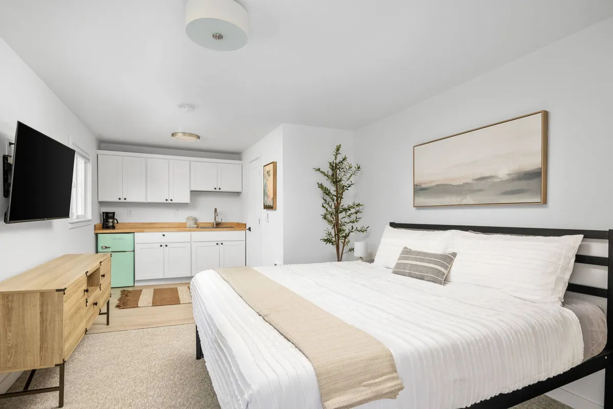 The image showcases a bright, newly remodeled condo interior featuring a plush bed, a sleek kitchenette, stylish décor including a decorative plant and tasteful artwork, and a TV. Sunlight streams in, creating a warm, inviting atmosphere perfect for relaxation or enjoying a quiet morning coffee.